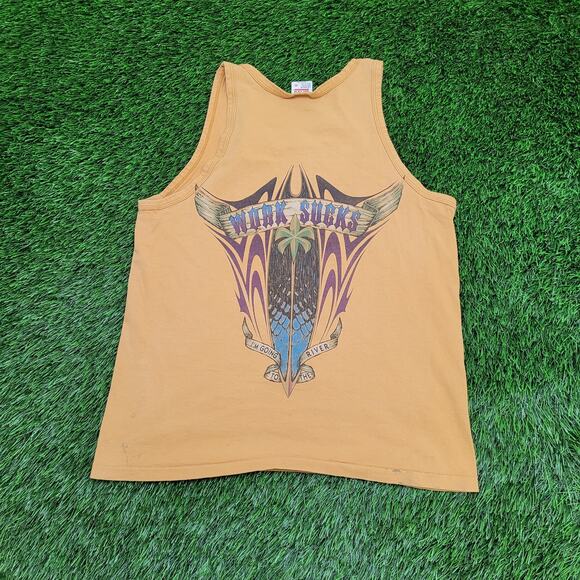 Vintage 90s Funny Work-Sucks Tank-Top Medium 19x25 Harrahs-Laughlin - Picture 1 of 16